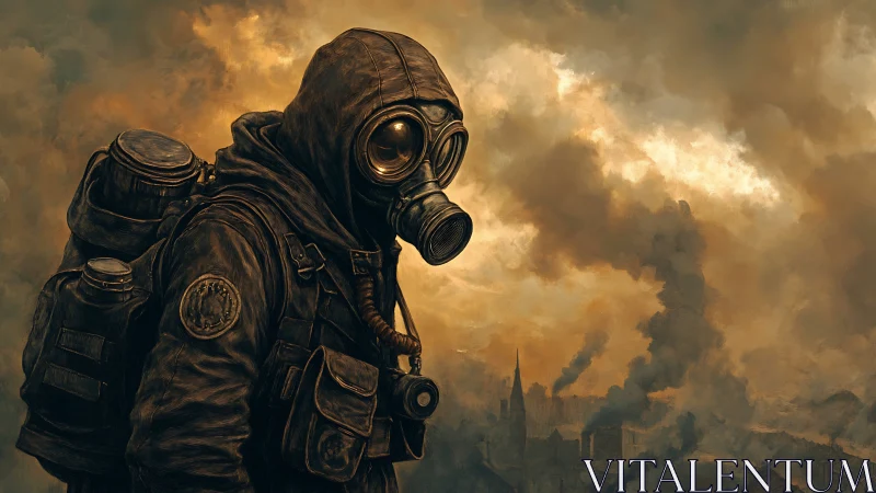 Figure in gas mask overlooking smoke filled urban ruins.