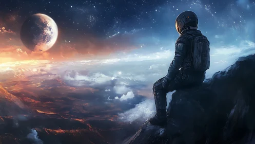 Digital painting of solitary astronaut overlooking alien horizon.