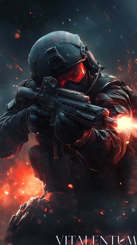 Tactical operator firing carbine amid dynamic muzzle flash