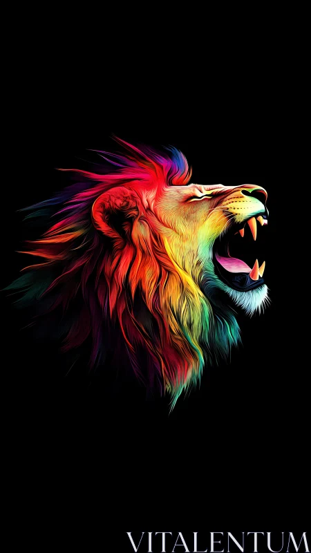 Neon lion profile roaring against deep black void.