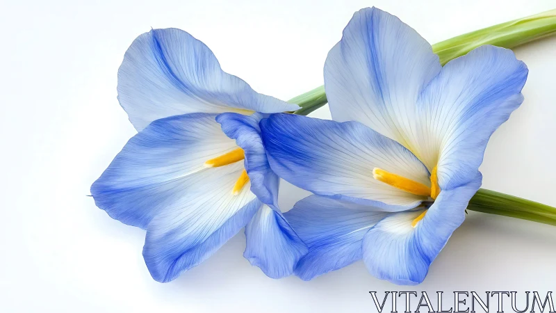 Two blue iris flowers with green stems on white background.
