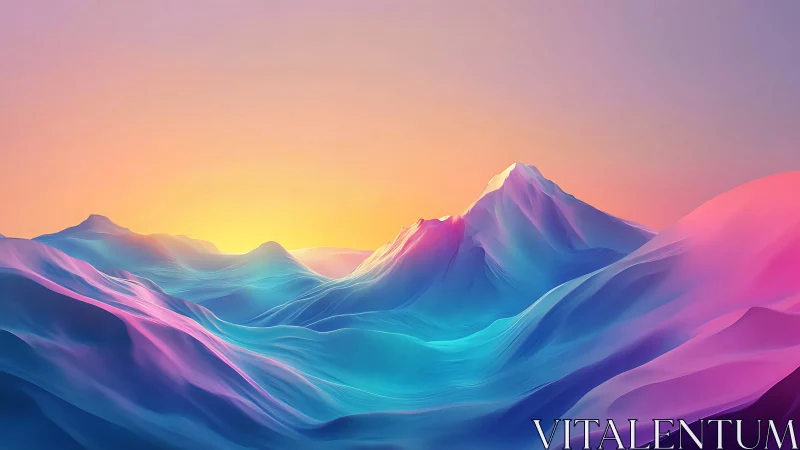 Vibrant pastel mountains under soft digital sunrise sky.
