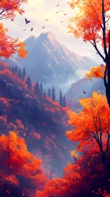 Chromatic alpine ravine with misted peaks and autumn canopy.