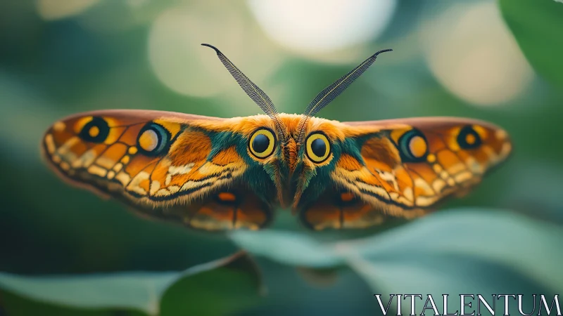 Colorful moth closeup with vivid patterned wings in focus.