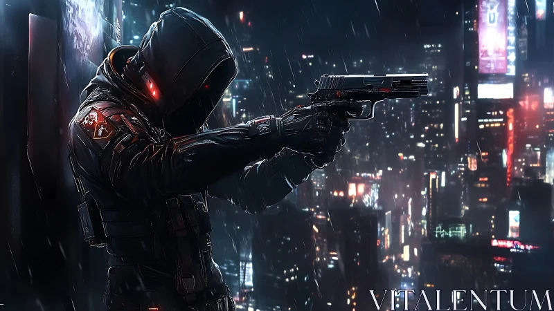 Hooded vigilante in neon city rain, ready for a showdown.