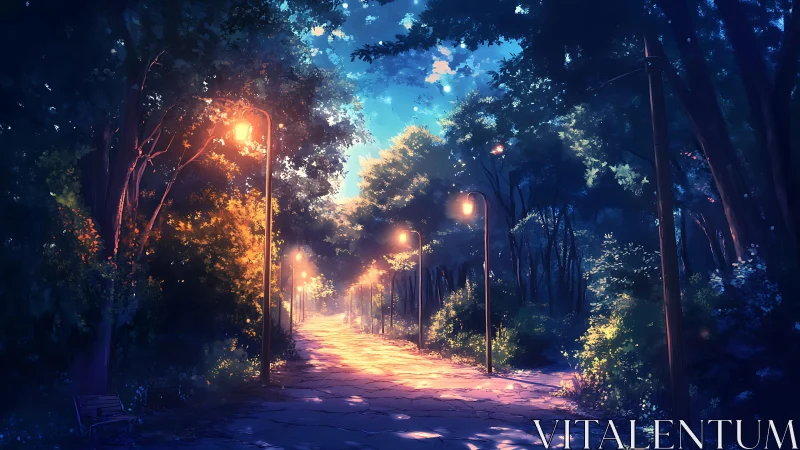 Lamplit forest path at twilight with glowing foliage.
