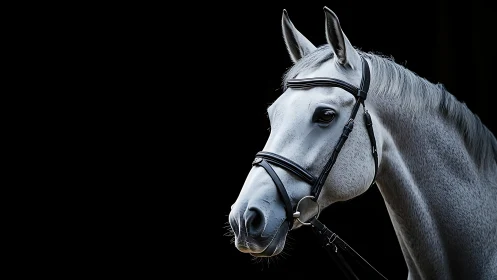 Gray horse head in bridle isolated against black background