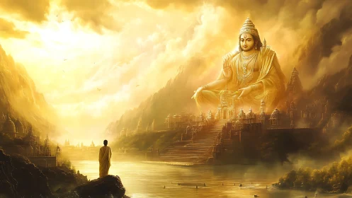 Golden river journey toward a radiant mountain deity.