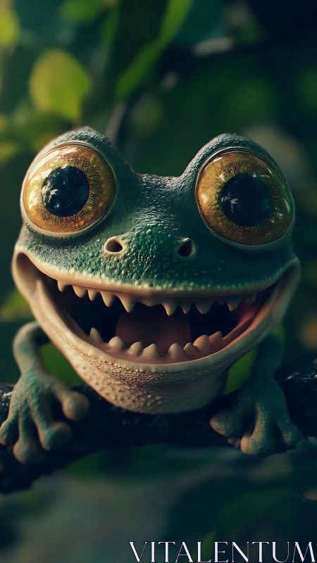 Wide-eyed stylized frog portrait uses cinematic 3D lighting