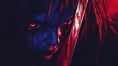Digital painting portrait with blade and neon horror contrast.