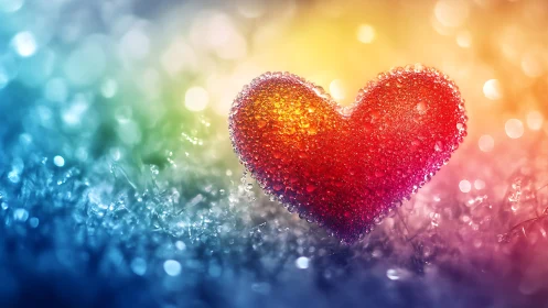 Iridescent dewdrop heart glows against prismatic bokeh field