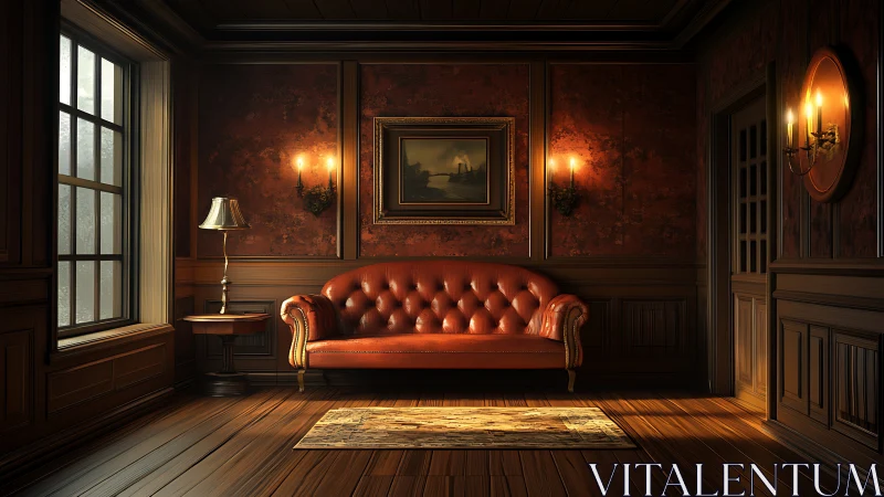 Brown leather sofa centered in classic wood paneled room