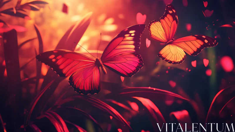 Bioluminescent red butterflies glide through a bokeh jungle haze