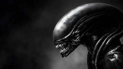 Menacing biomechanical alien profile in dark monochrome.