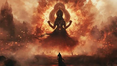 Giant fiery deity figure confronts lone robed silhouette