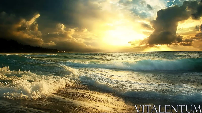 Dramatic Ocean Sunset with Breaking Waves in Vivid Colors.