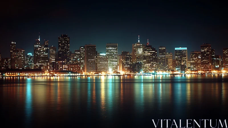 City skyline at night with bright lights on calm water.