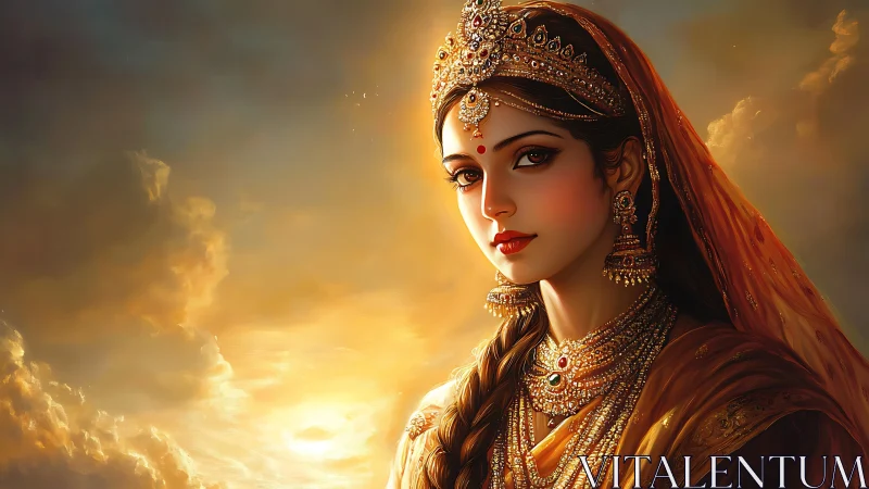 Regal Indian princess portrait in jeweled bridal finery at dusk