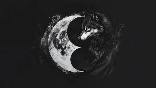 Lone wolf silhouette fused with crescent moon sphere.
