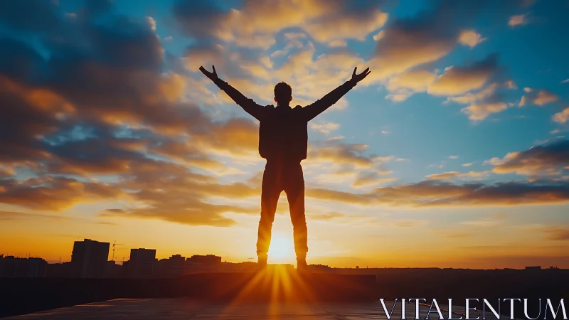 Silhouetted figure welcomes a radiant sunrise above the city