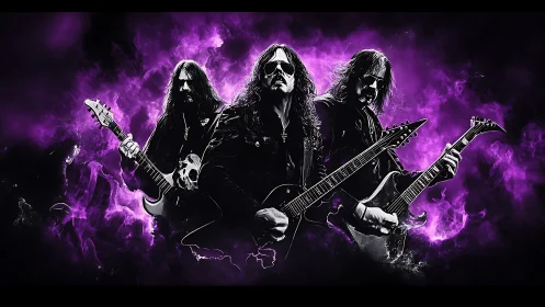 Triadic metal guitarists in neon-plasma purple combustion.