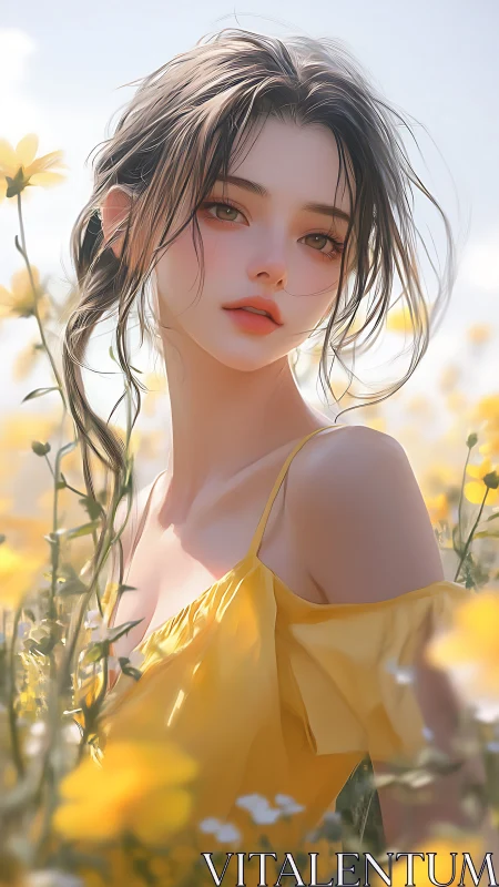 Sunlit girl in yellow dress amid dreamy flower meadow.