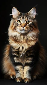 Maine Coon long-haired cat with tabby striping and yellow-green eyes