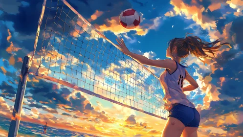 Sunset volleyball spike under dynamically lit cloud strata.