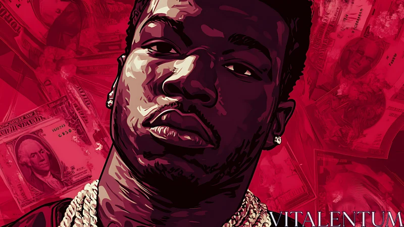 Hip-hop portrait stands bold against red money collage.