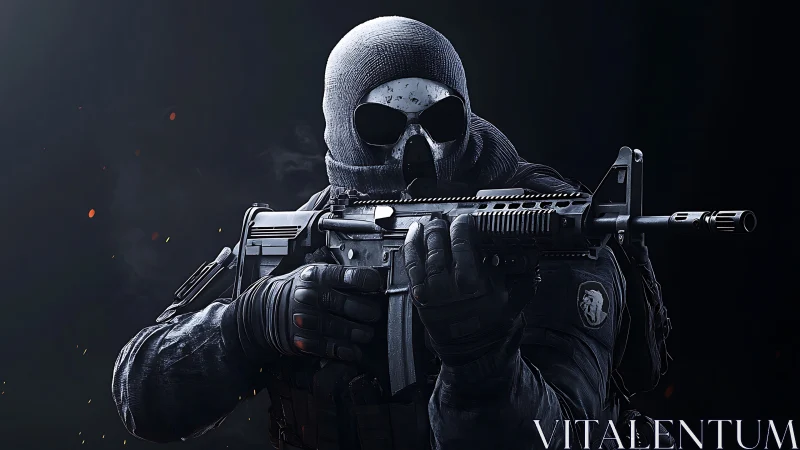 Midnight skull operative steadies a rifle in ember-flecked gloom