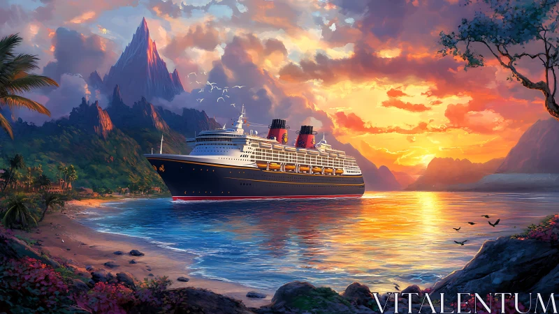 Cruise ship near tropical island at vivid sunset glow.