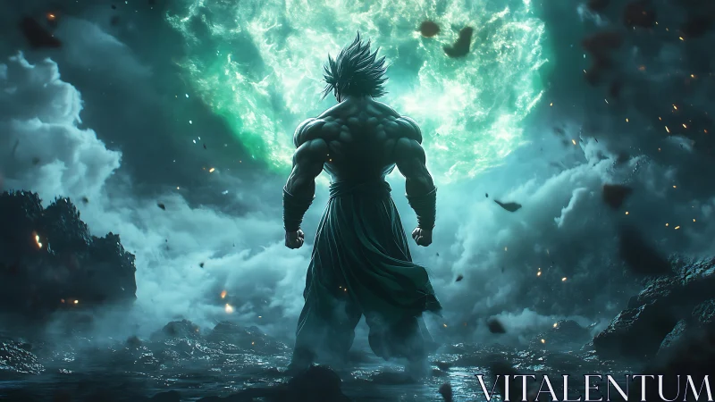 Muscular figure stands before luminous sphere in storm