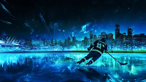 Midnight city hockey dream glowing across the frozen rink.