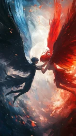 Contrasting winged figures meet within a divided color vortex