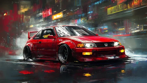 Red tuner car powers through neon drenched night street
