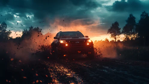 Off-road truck powers through mud at fiery sunset