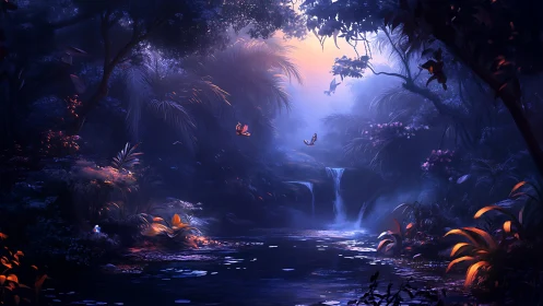 Mystical jungle waterfall under twilight forest light.