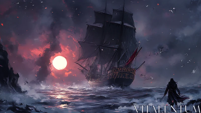 Storm-lit war galleon under blood-red sun in turbulent seas.