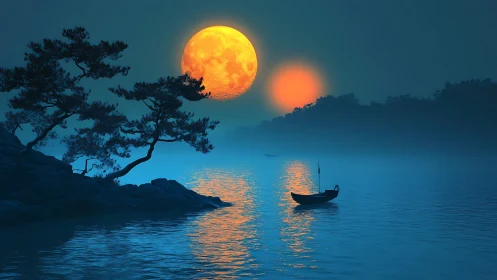 Moonlit lake with boat, twin suns, and silhouetted trees