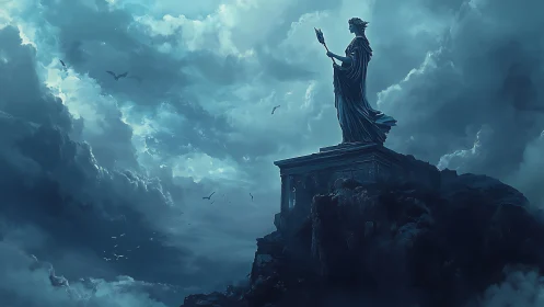 Monumental goddess statue on stormlit cliff in digital painting.