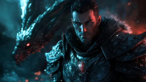 Armored dark knight with dragon ally under dual-color rim lighting