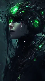 Cyborg oracle glows with fractured neon circuitry.