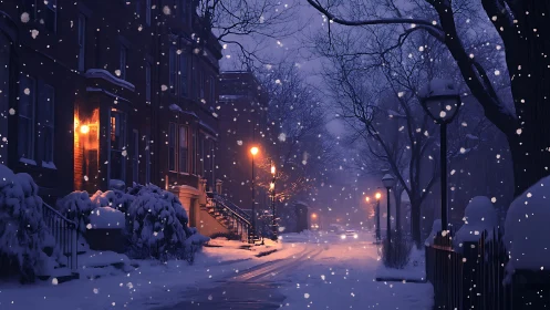 Snowfall softens an urban street under warm sodium lights