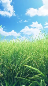 Lush green grass field under bright blue summer sky.