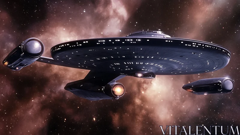 Large disc-shaped starship in deep interstellar space.