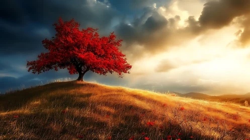 Solitary red tree crowns a golden hillside at sunset.