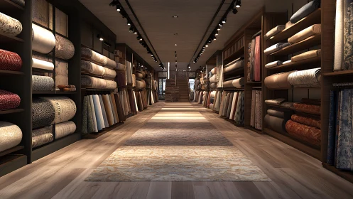 Luxury fabric store interior shows organized textile rolls