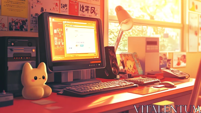 Cozy retro desktop corner glowing with warm afternoon light.