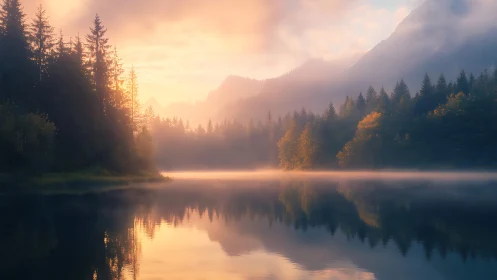 Sunrise mist drifts over tranquil forest lake reflections.