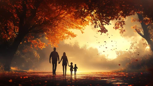 Silhouetted family group walking under dense autumn trees.